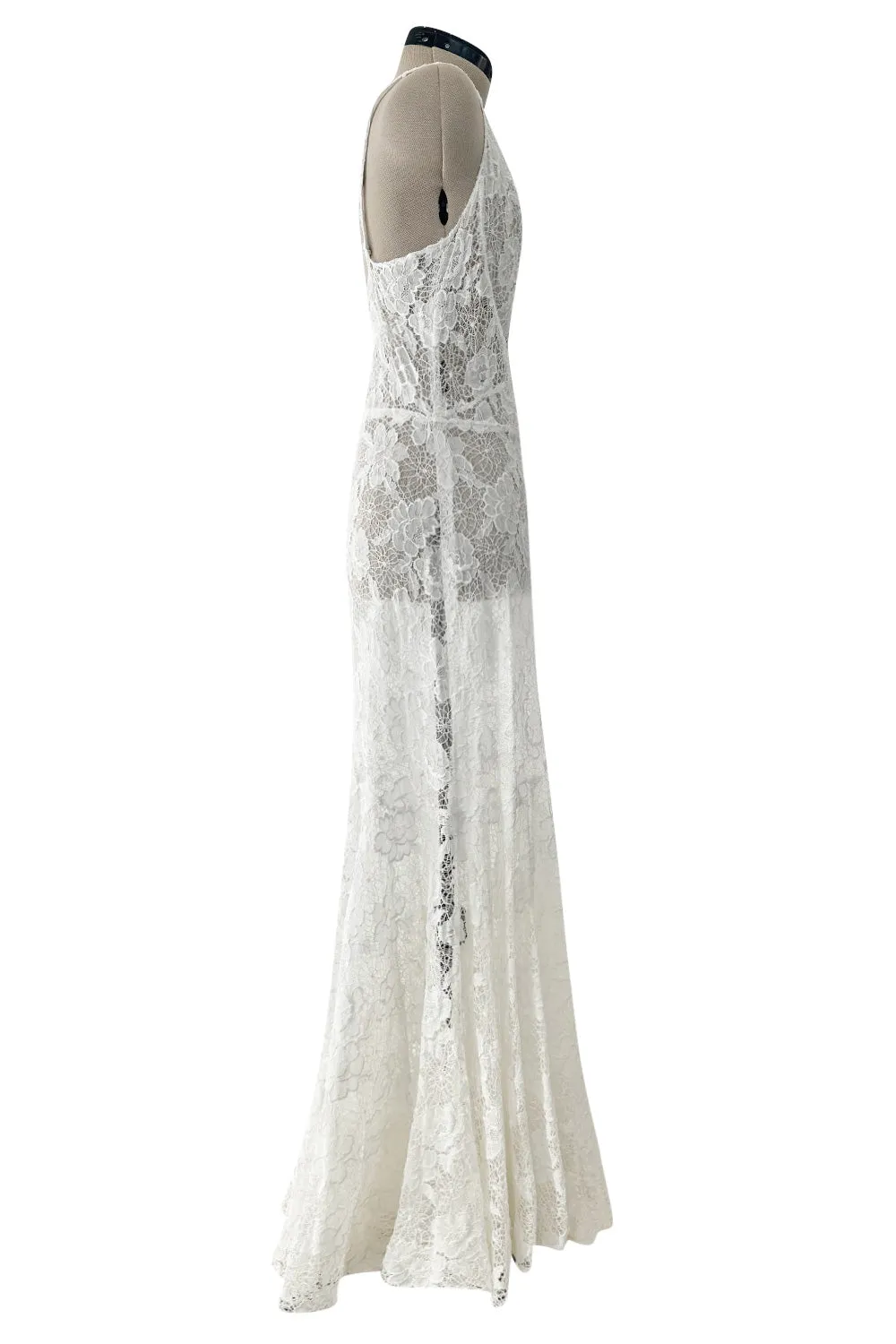 Romantic 1930s Unlabeled Intricate White Lace Unlined Dress w Flared Full Lower Skirting