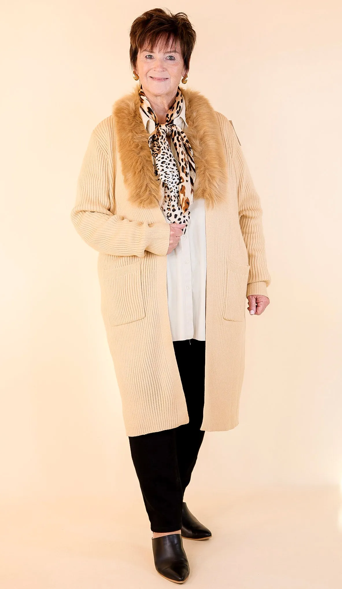 Romantic Allure Sweater Cardigan with Faux Fur Collar in Beige