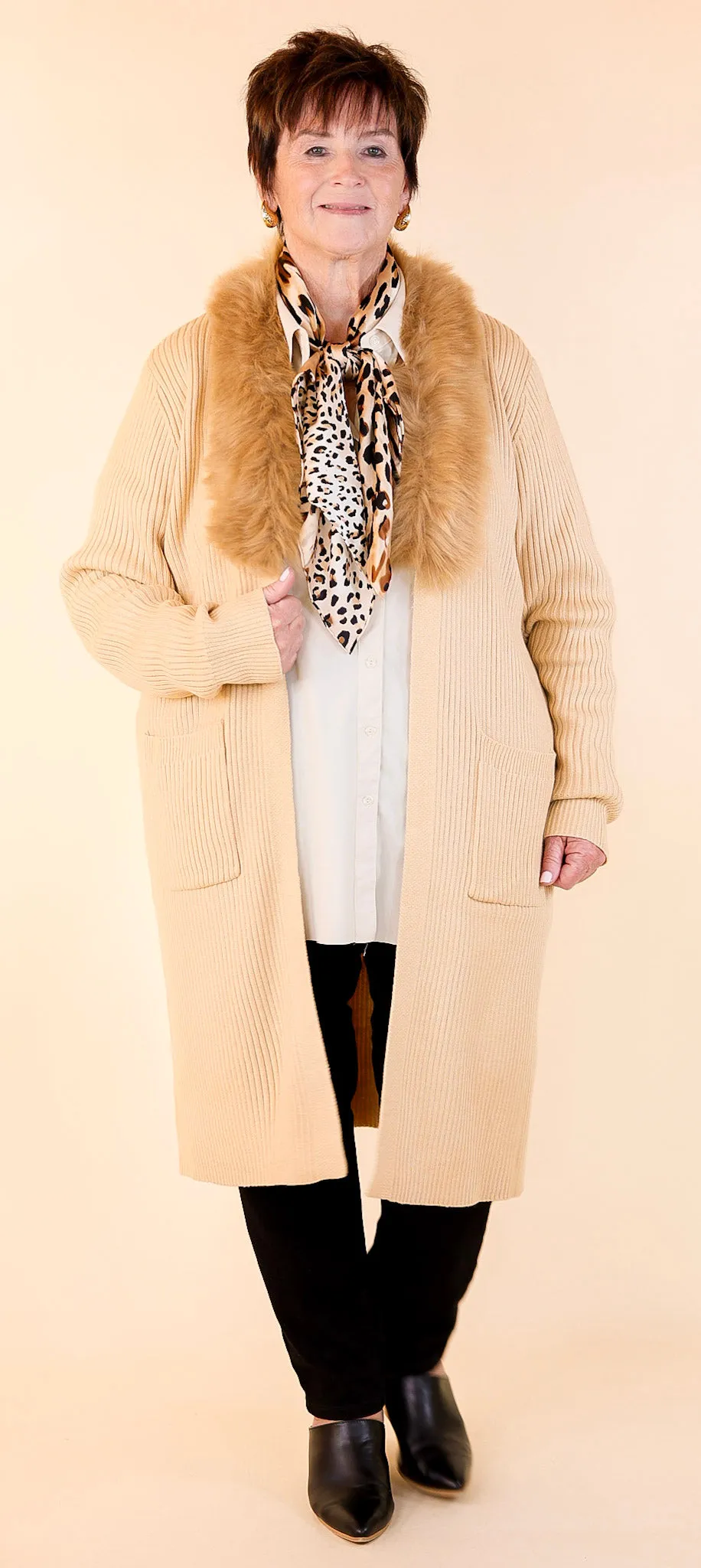 Romantic Allure Sweater Cardigan with Faux Fur Collar in Beige