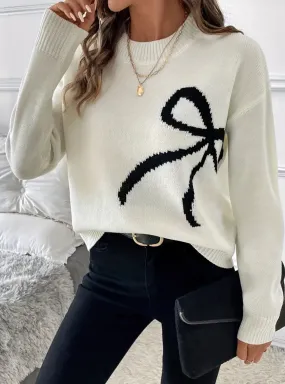 Samantha Bow Embroidered Crewneck Sweater:Ivory/Black