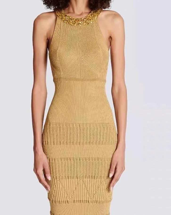 Sequin Beaded Collar Halter Neck Sweater Dress