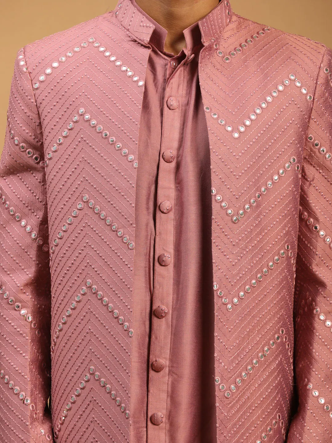 SHRESTHA By VASTRAMAY Men's Onion Pink Solid Kurta Pant With Mirror Over Coat Combo Set