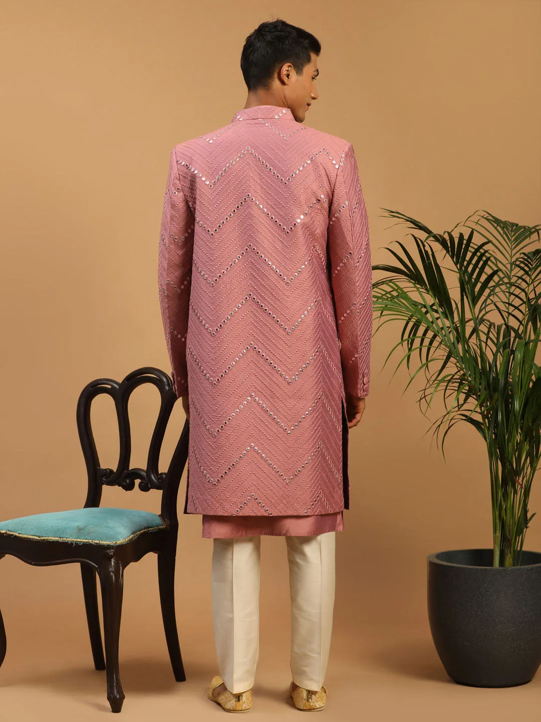 SHRESTHA By VASTRAMAY Men's Onion Pink Solid Kurta Pant With Mirror Over Coat Combo Set