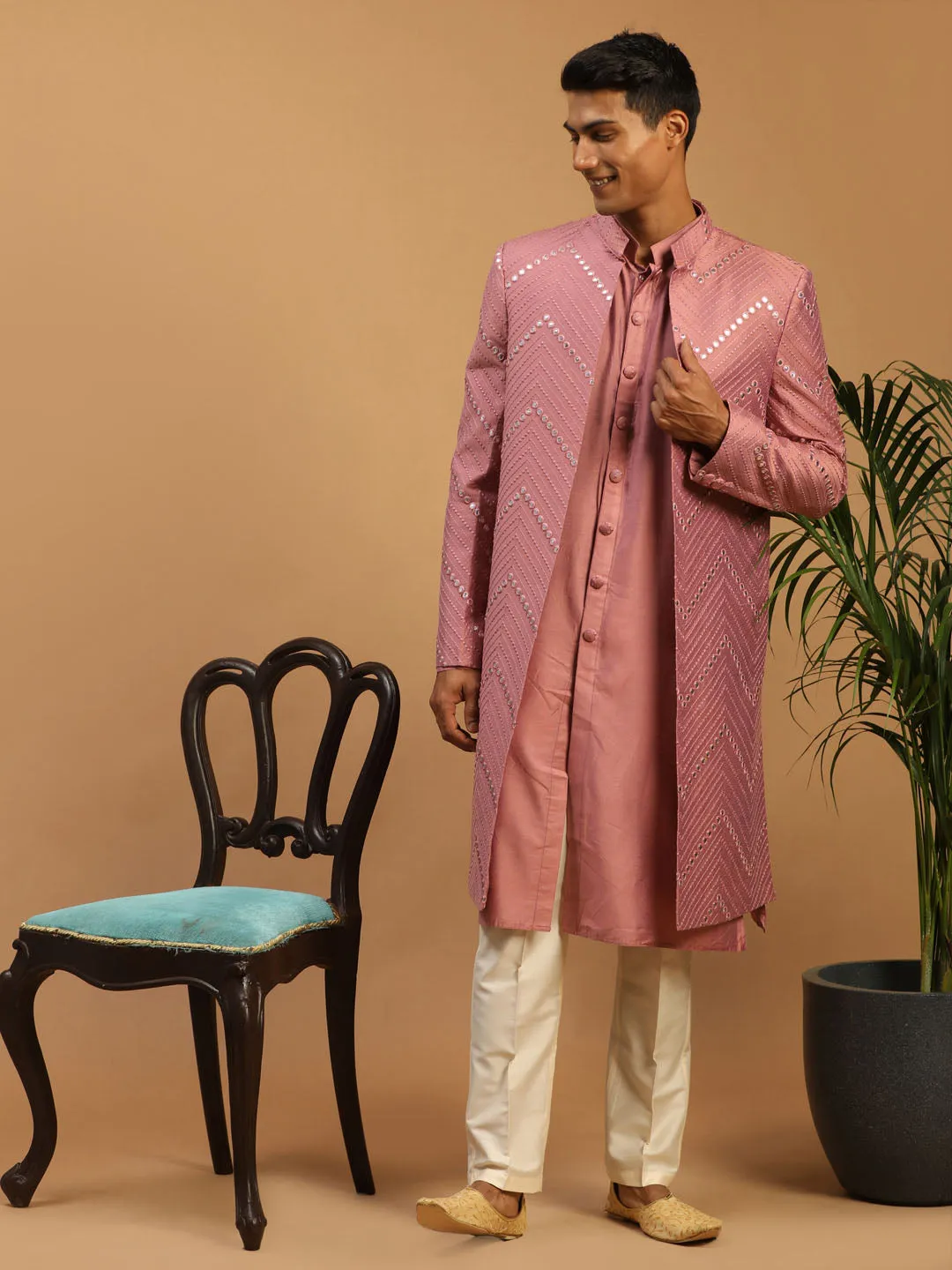 SHRESTHA By VASTRAMAY Men's Onion Pink Solid Kurta Pant With Mirror Over Coat Combo Set