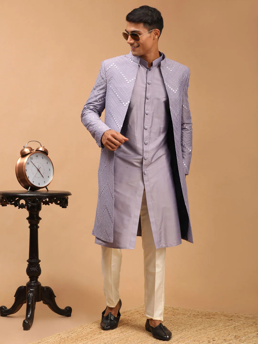 SHRESTHA By VASTRAMAY Men's Purple Solid Kurta Pant Set With Mirror Over Coat Combo Set