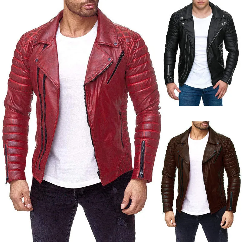 Slim Pleated Pure Color Casual Sporty Men Leather Jacket