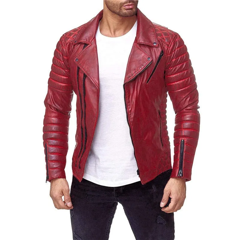 Slim Pleated Pure Color Casual Sporty Men Leather Jacket