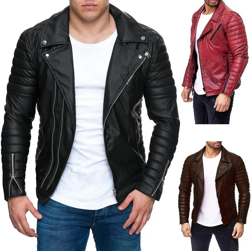 Slim Pleated Pure Color Casual Sporty Men Leather Jacket