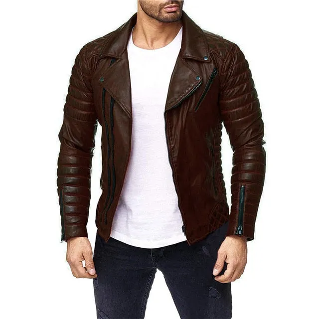 Slim Pleated Pure Color Casual Sporty Men Leather Jacket