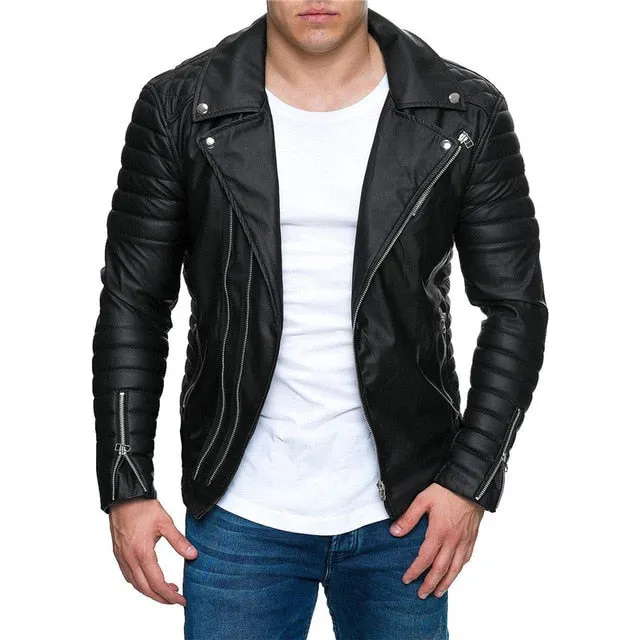 Slim Pleated Pure Color Casual Sporty Men Leather Jacket