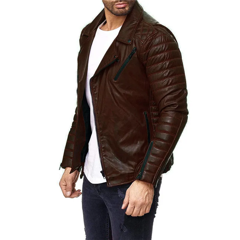 Slim Pleated Pure Color Casual Sporty Men Leather Jacket