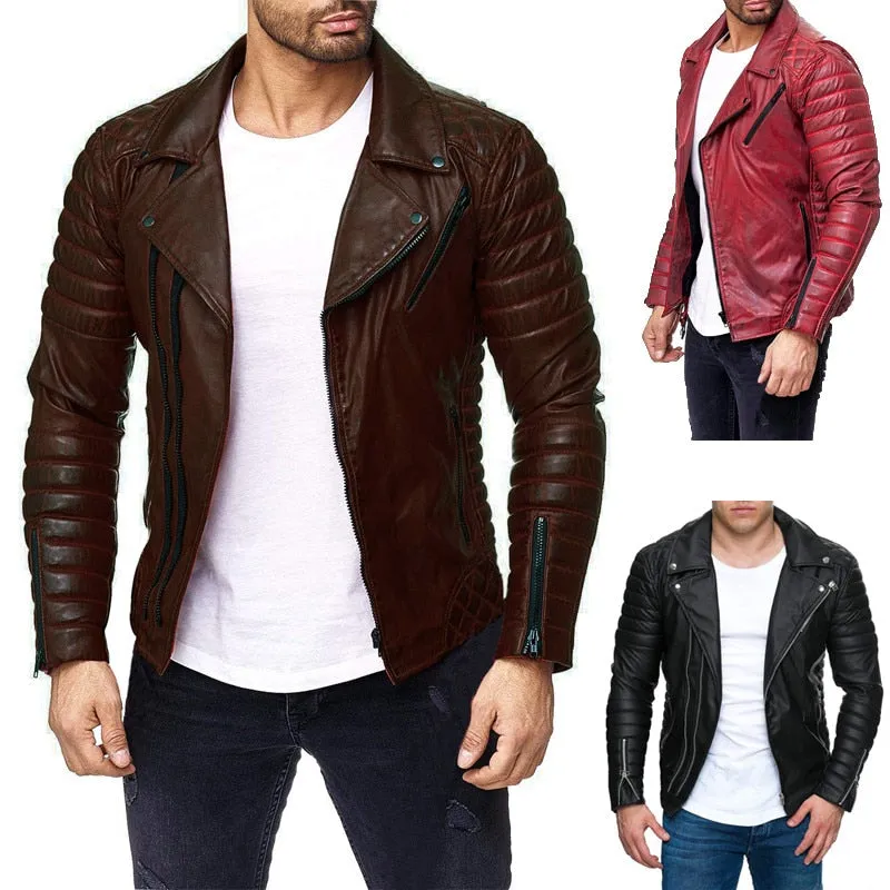 Slim Pleated Pure Color Casual Sporty Men Leather Jacket