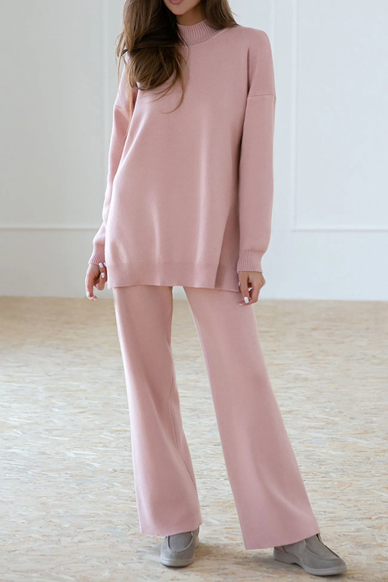 Slit Hem Pullover Sweater Long Pants Suits