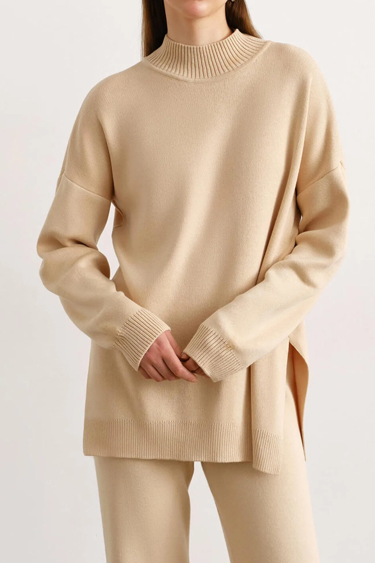 Slit Hem Pullover Sweater Long Pants Suits