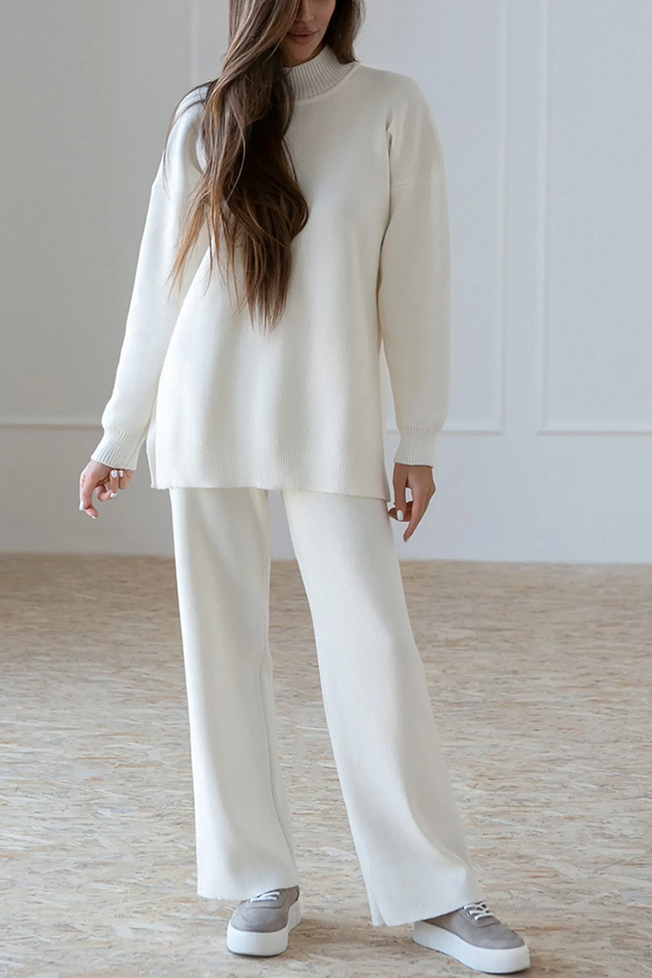 Slit Hem Pullover Sweater Long Pants Suits