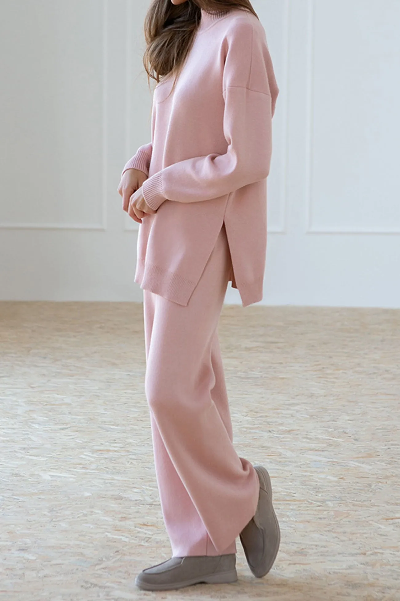 Slit Hem Pullover Sweater Long Pants Suits