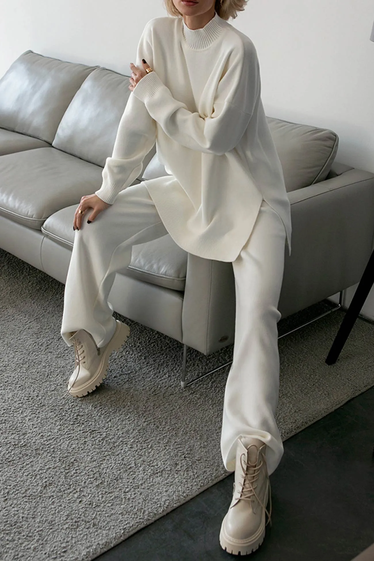 Slit Hem Pullover Sweater Long Pants Suits