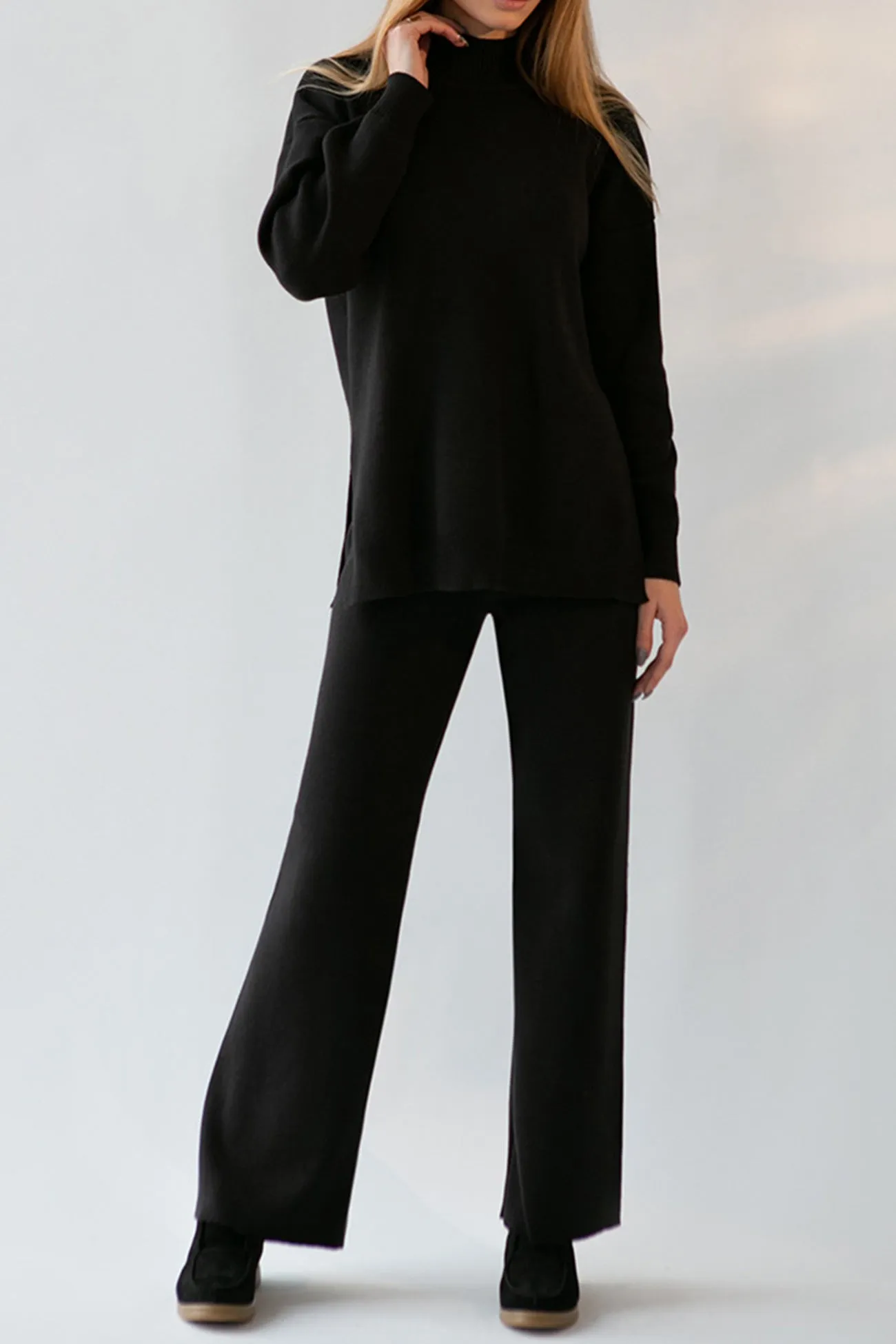 Slit Hem Pullover Sweater Long Pants Suits