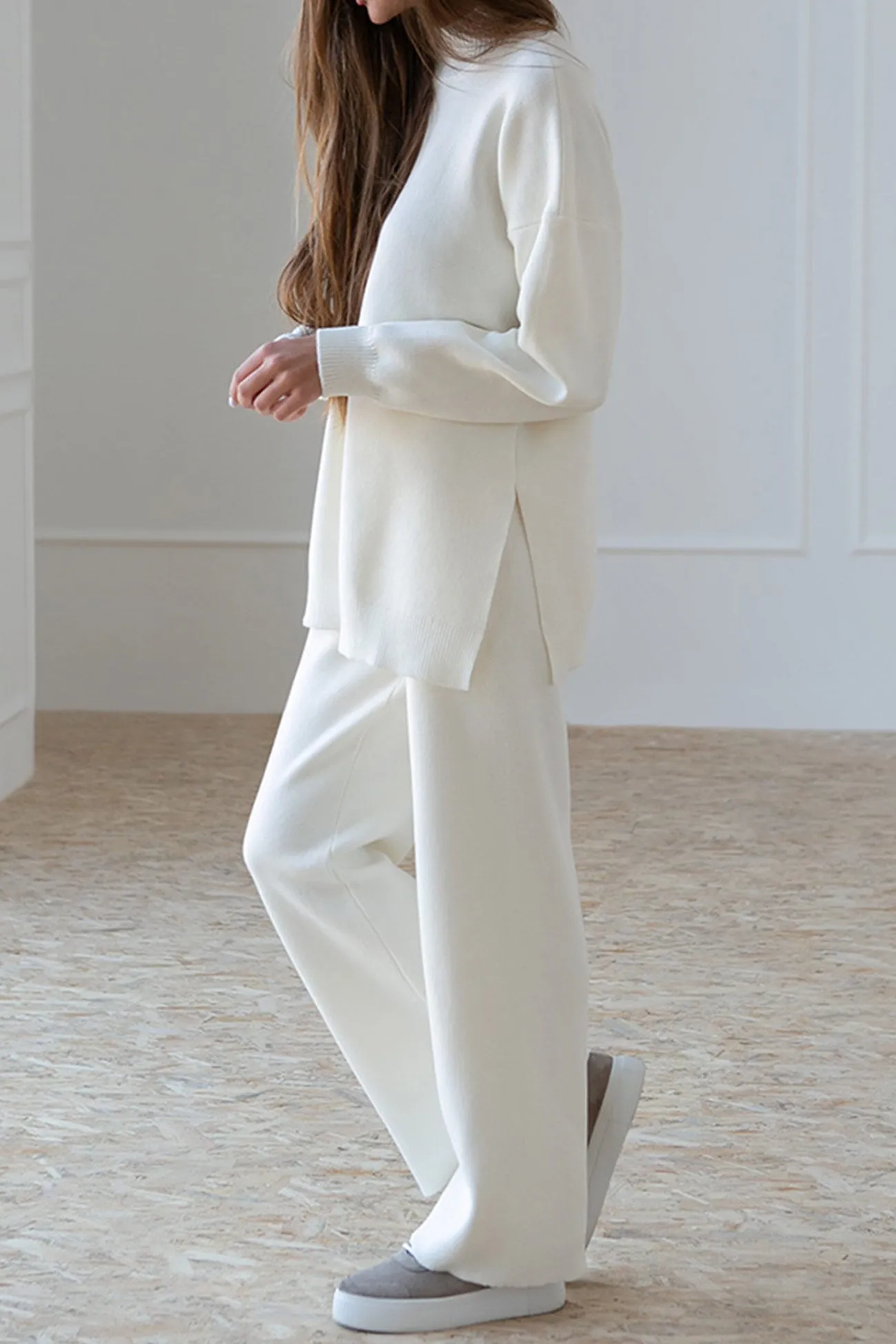 Slit Hem Pullover Sweater Long Pants Suits