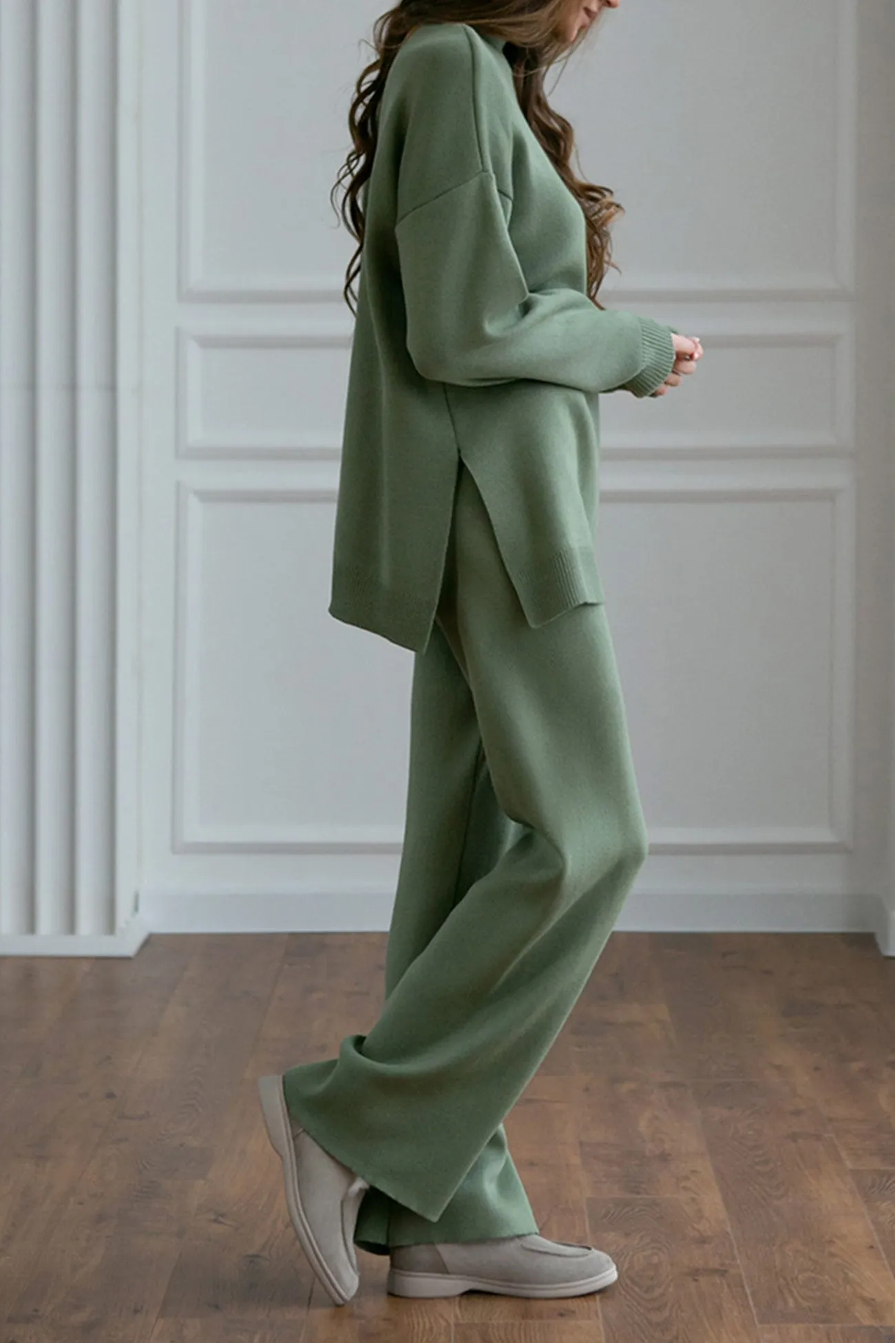 Slit Hem Pullover Sweater Long Pants Suits