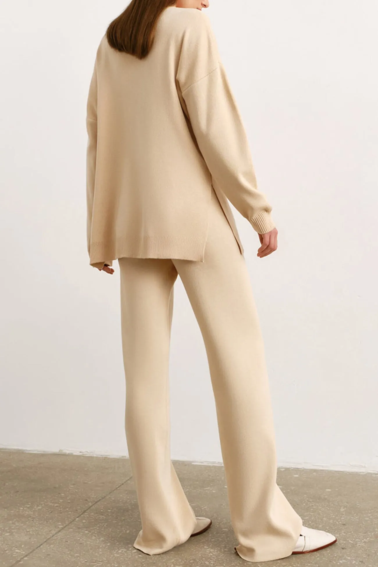 Slit Hem Pullover Sweater Long Pants Suits