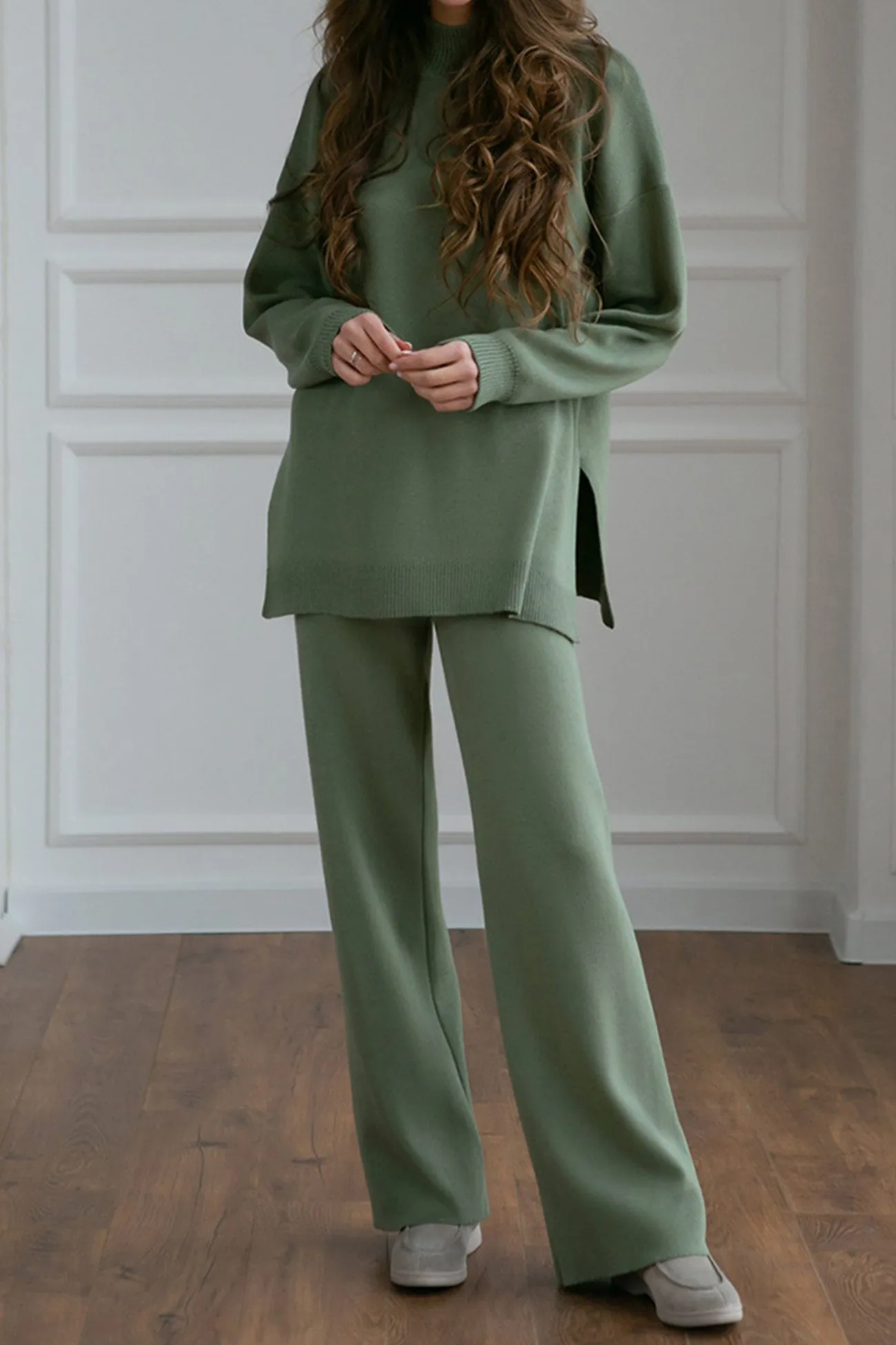 Slit Hem Pullover Sweater Long Pants Suits