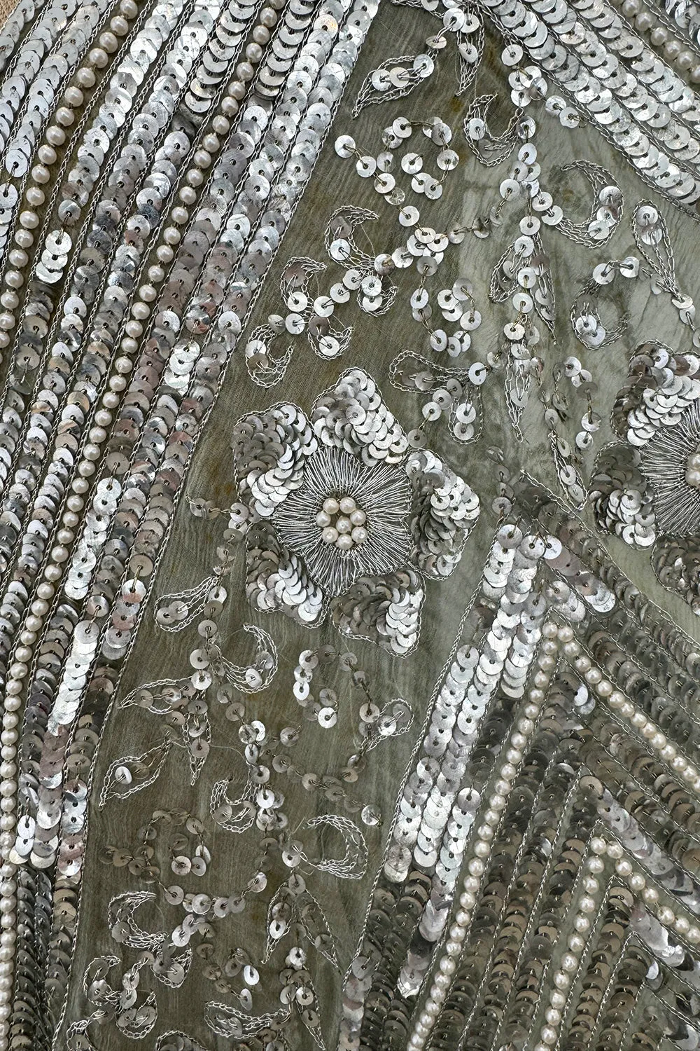 Spectacular 1970s Unlabeled Silver Sequin, Metallic Thread & Faux Pearl Embellished Caftan Dress