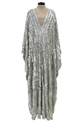 Spectacular 1970s Unlabeled Silver Sequin, Metallic Thread & Faux Pearl Embellished Caftan Dress