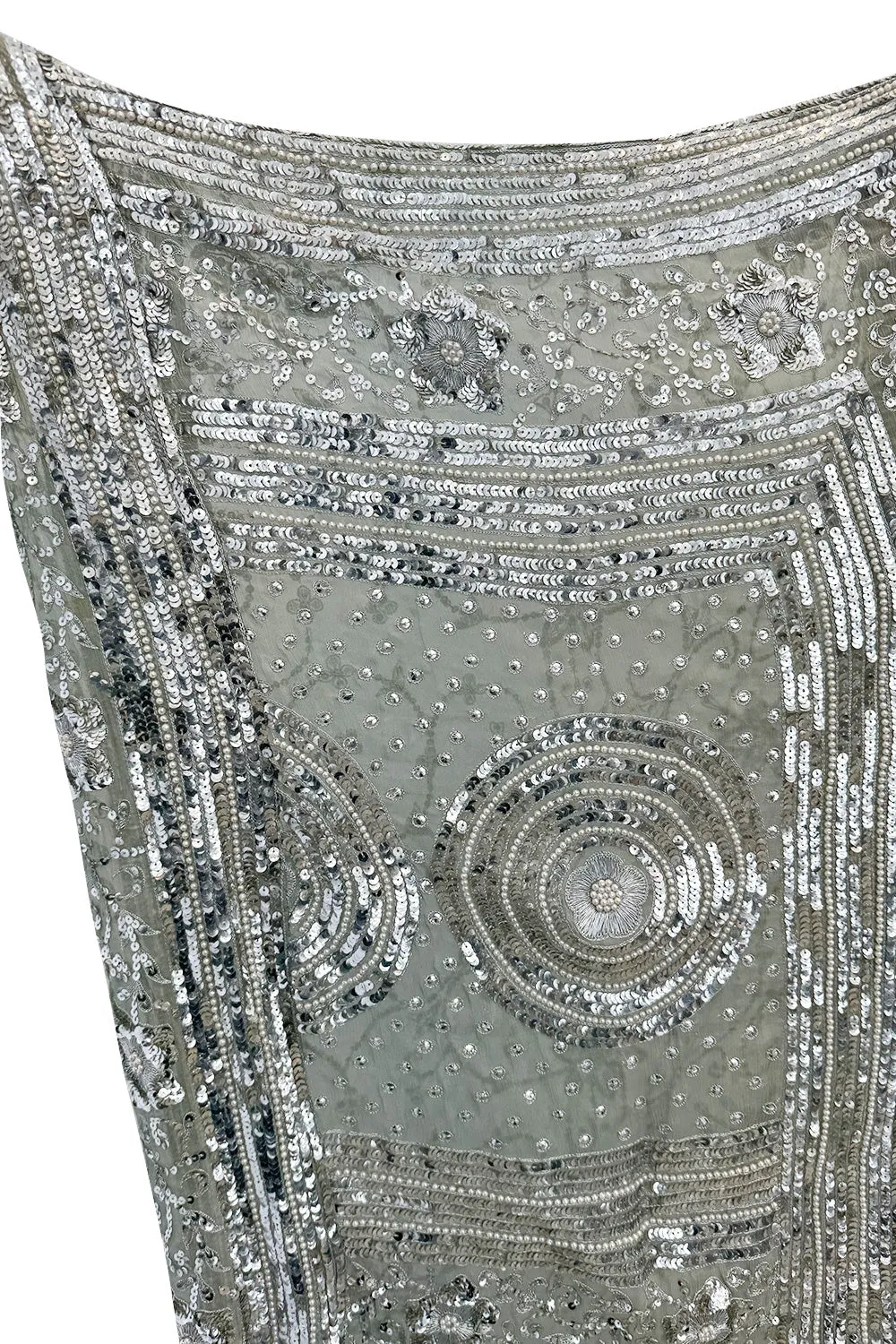 Spectacular 1970s Unlabeled Silver Sequin, Metallic Thread & Faux Pearl Embellished Caftan Dress