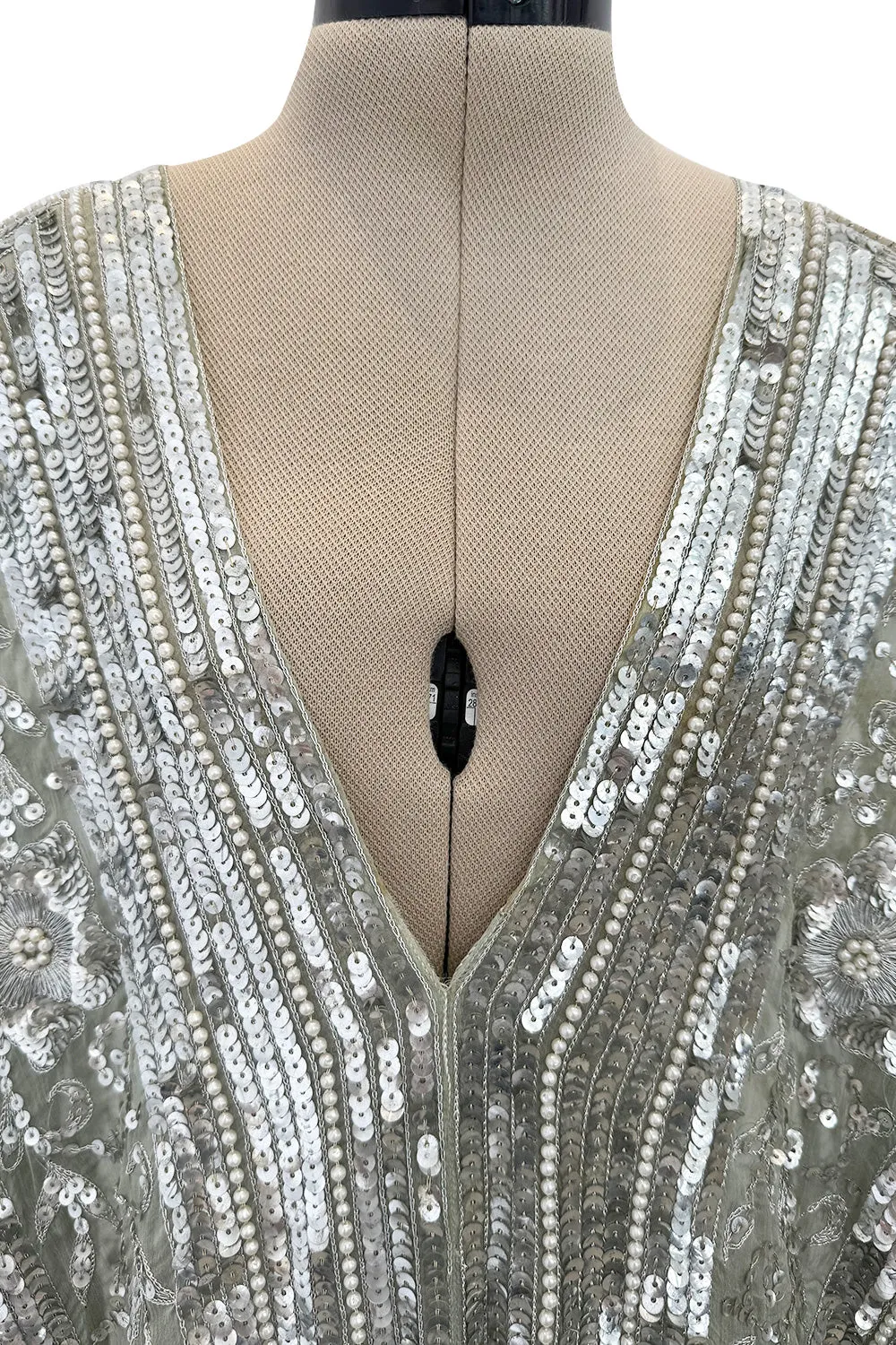 Spectacular 1970s Unlabeled Silver Sequin, Metallic Thread & Faux Pearl Embellished Caftan Dress