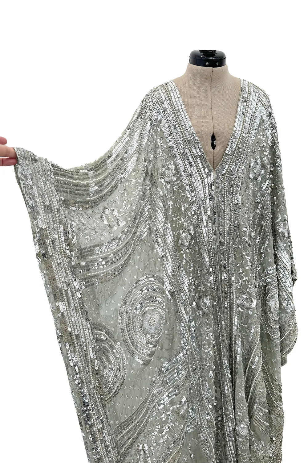 Spectacular 1970s Unlabeled Silver Sequin, Metallic Thread & Faux Pearl Embellished Caftan Dress