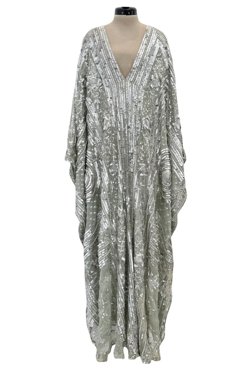 Spectacular 1970s Unlabeled Silver Sequin, Metallic Thread & Faux Pearl Embellished Caftan Dress