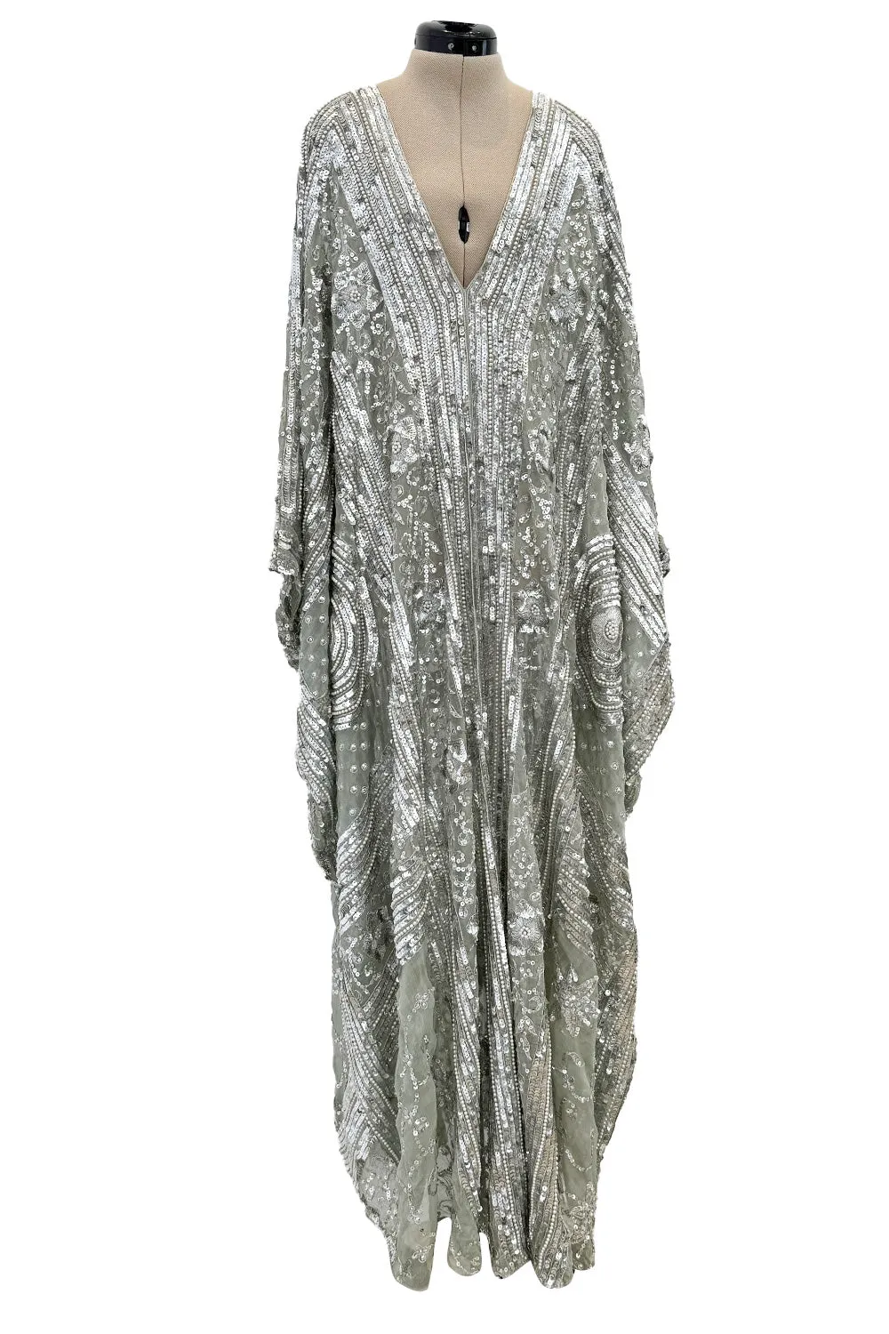 Spectacular 1970s Unlabeled Silver Sequin, Metallic Thread & Faux Pearl Embellished Caftan Dress