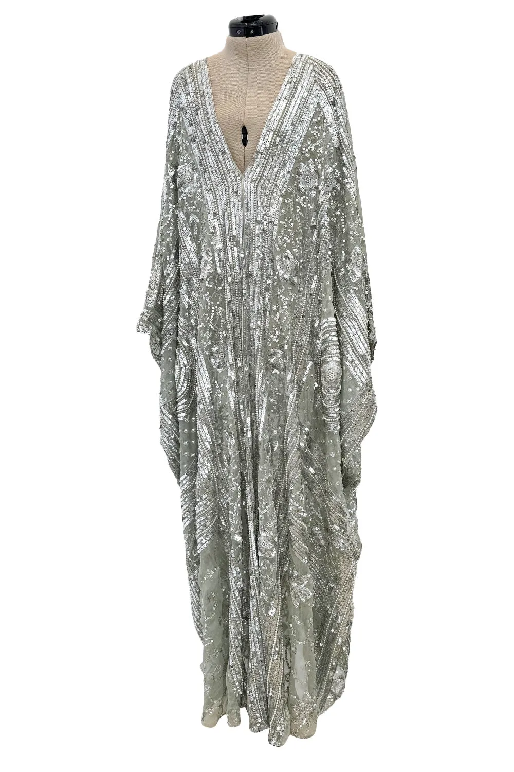 Spectacular 1970s Unlabeled Silver Sequin, Metallic Thread & Faux Pearl Embellished Caftan Dress