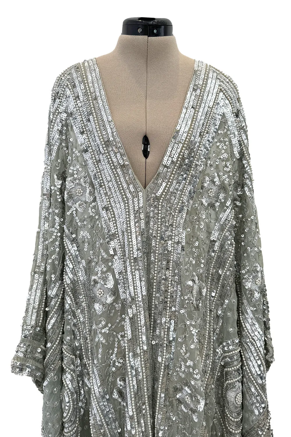 Spectacular 1970s Unlabeled Silver Sequin, Metallic Thread & Faux Pearl Embellished Caftan Dress