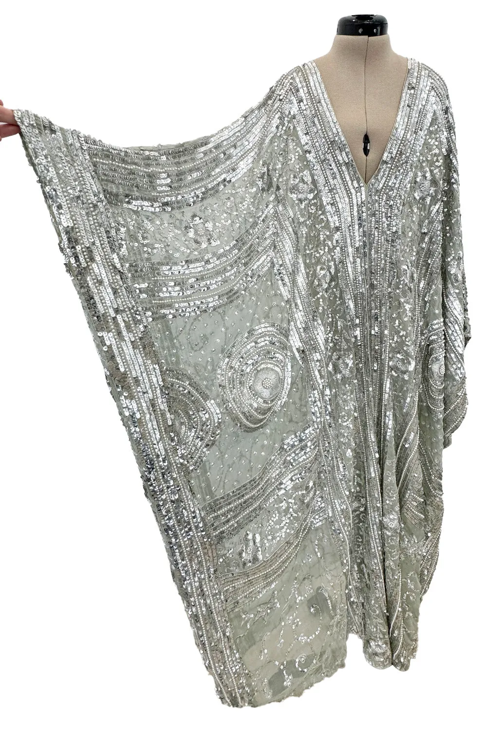 Spectacular 1970s Unlabeled Silver Sequin, Metallic Thread & Faux Pearl Embellished Caftan Dress