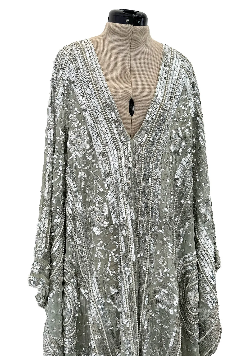 Spectacular 1970s Unlabeled Silver Sequin, Metallic Thread & Faux Pearl Embellished Caftan Dress