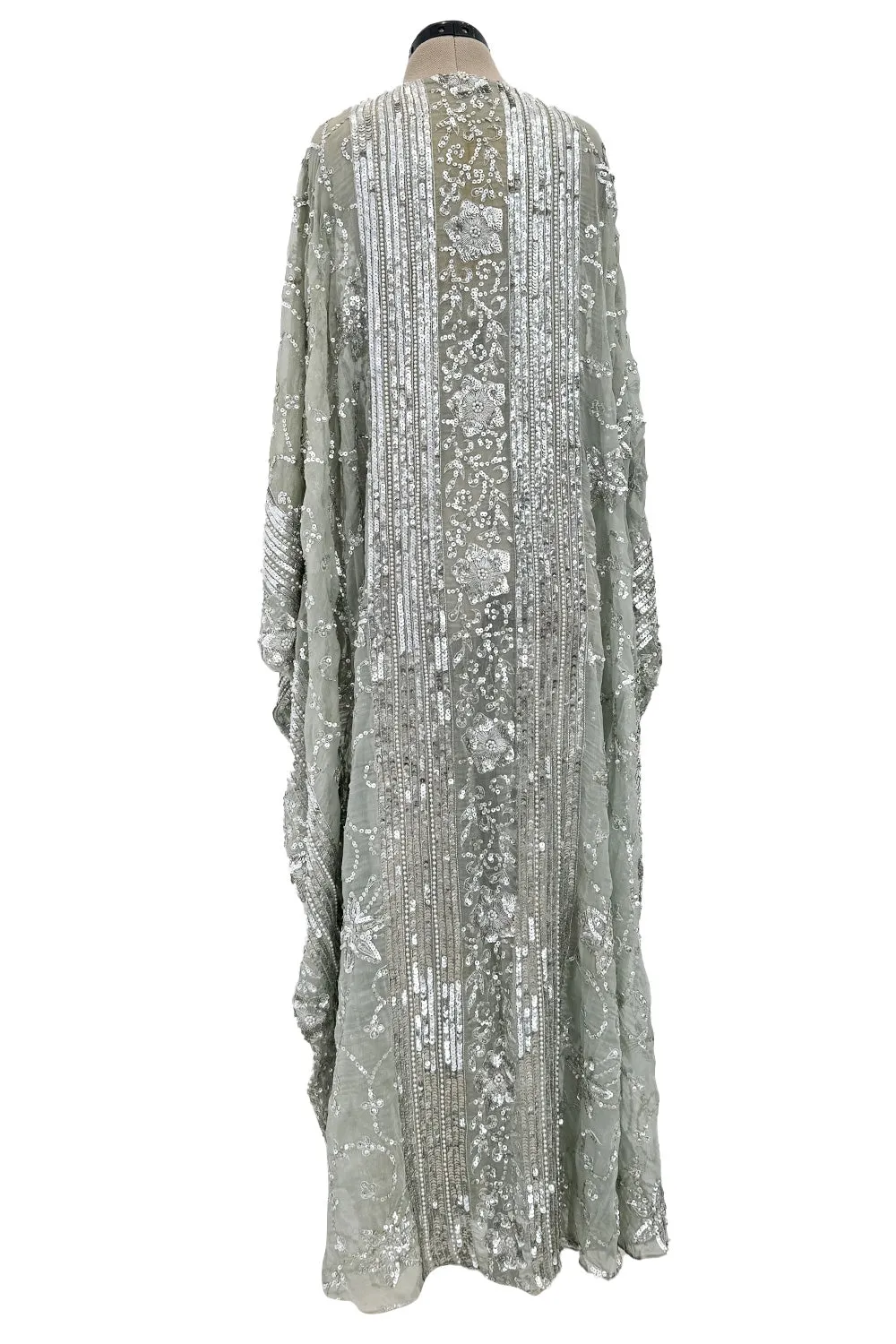 Spectacular 1970s Unlabeled Silver Sequin, Metallic Thread & Faux Pearl Embellished Caftan Dress