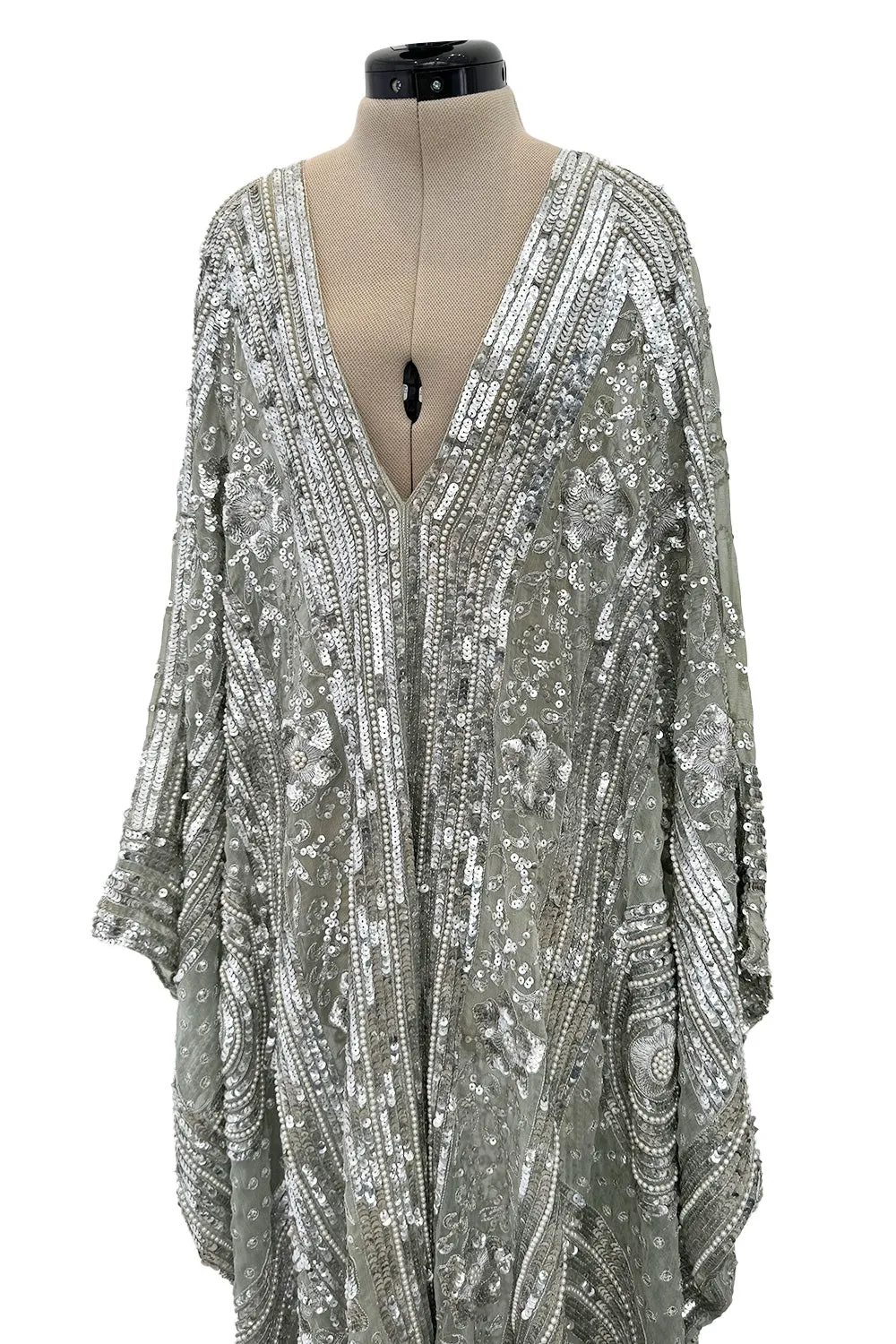 Spectacular 1970s Unlabeled Silver Sequin, Metallic Thread & Faux Pearl Embellished Caftan Dress