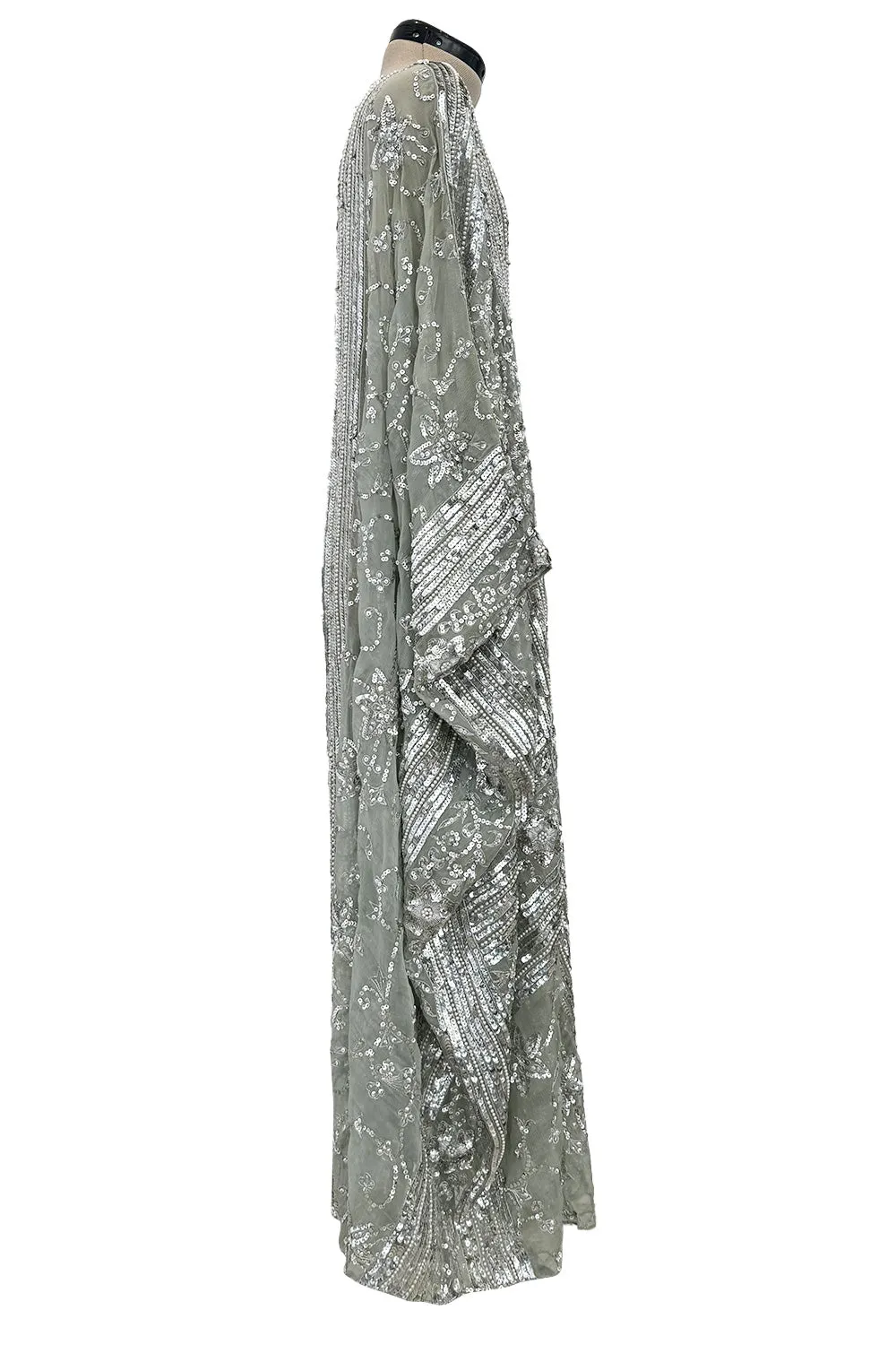 Spectacular 1970s Unlabeled Silver Sequin, Metallic Thread & Faux Pearl Embellished Caftan Dress