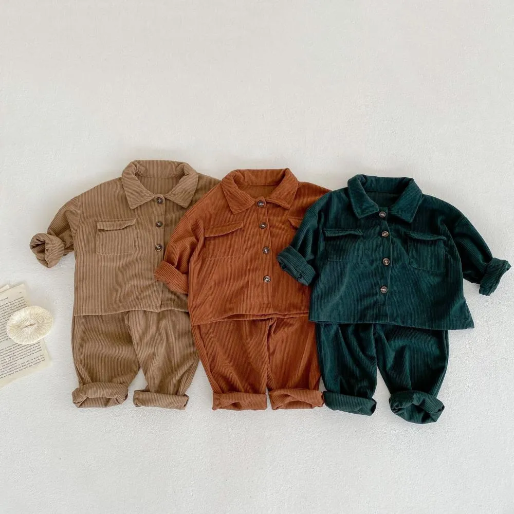 Spring and Autumn Baby Boys and Girls Lapel Cardigan Jacket   Pants Corduroy Set Wholesale