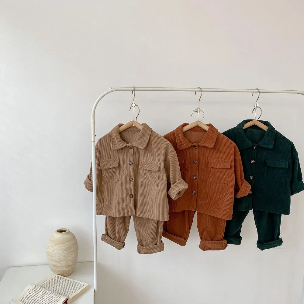 Spring and Autumn Baby Boys and Girls Lapel Cardigan Jacket   Pants Corduroy Set Wholesale