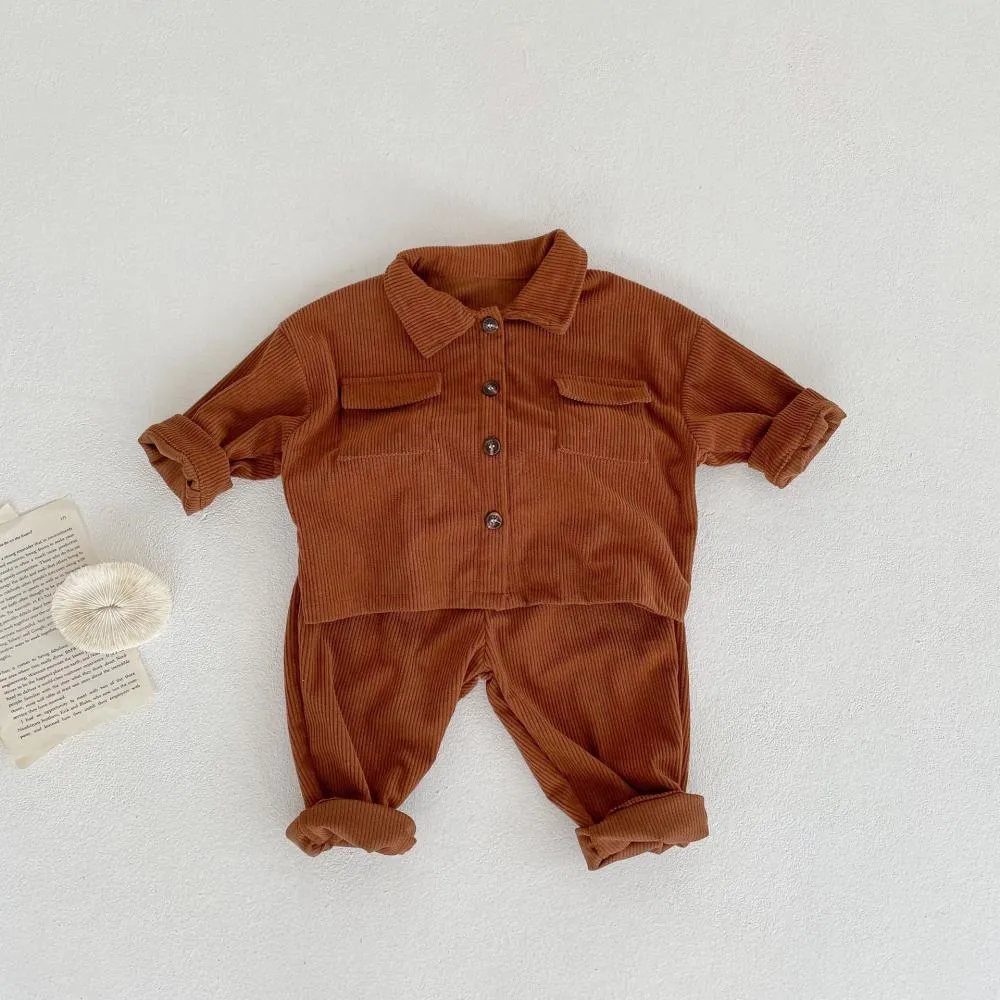 Spring and Autumn Baby Boys and Girls Lapel Cardigan Jacket   Pants Corduroy Set Wholesale