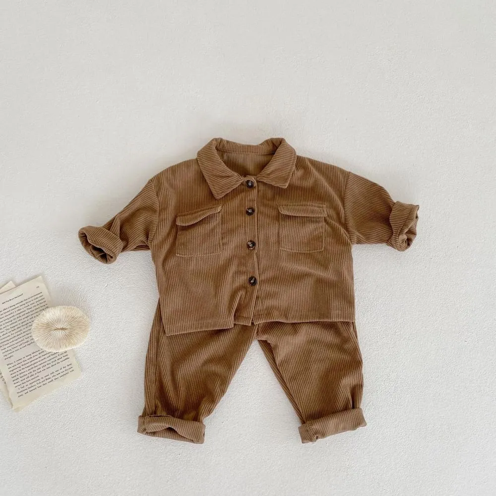 Spring and Autumn Baby Boys and Girls Lapel Cardigan Jacket   Pants Corduroy Set Wholesale