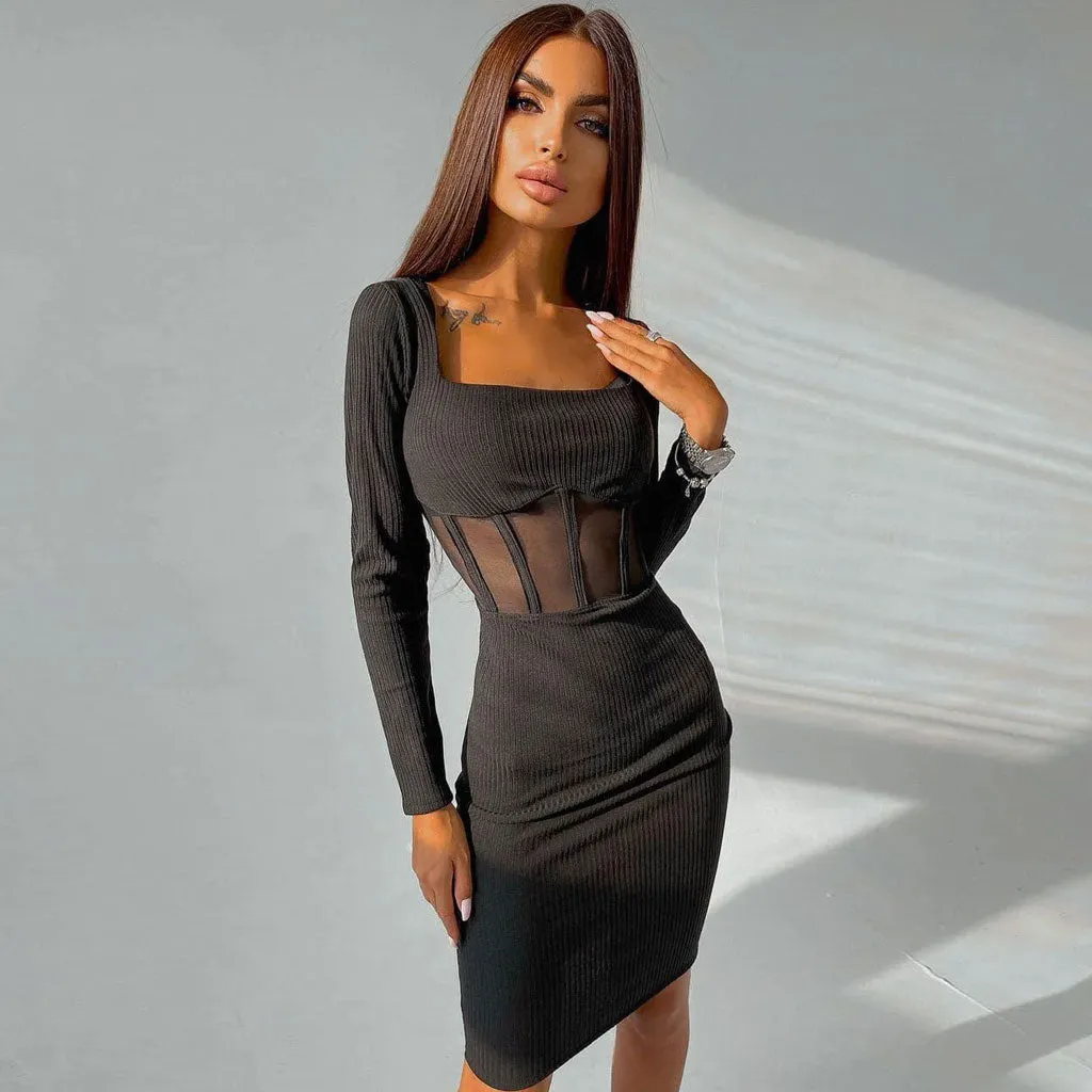 Square Neck Long Sleeve Mesh Panel Rib Knit Midi Dress - Black