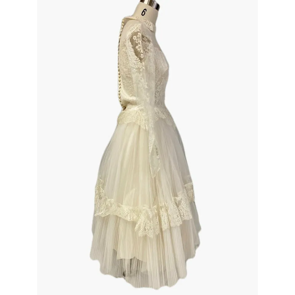 STUNNING Vintage 1950's 50s  Ivory Tulle Lace Prom Party Wedding Dress Gown XS