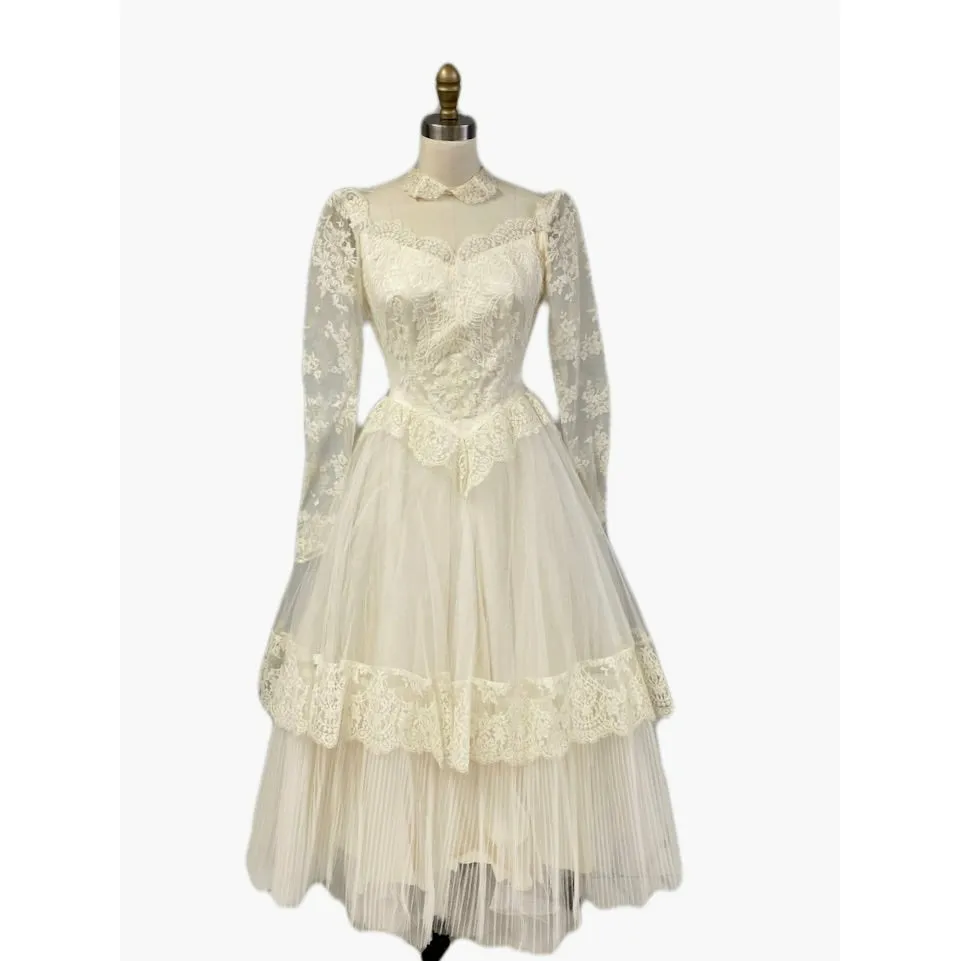 STUNNING Vintage 1950's 50s  Ivory Tulle Lace Prom Party Wedding Dress Gown XS