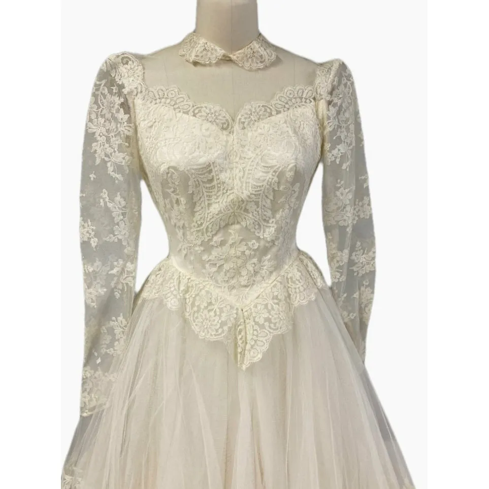 STUNNING Vintage 1950's 50s  Ivory Tulle Lace Prom Party Wedding Dress Gown XS