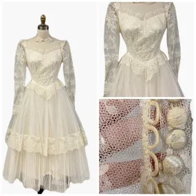 STUNNING Vintage 1950's 50s  Ivory Tulle Lace Prom Party Wedding Dress Gown XS