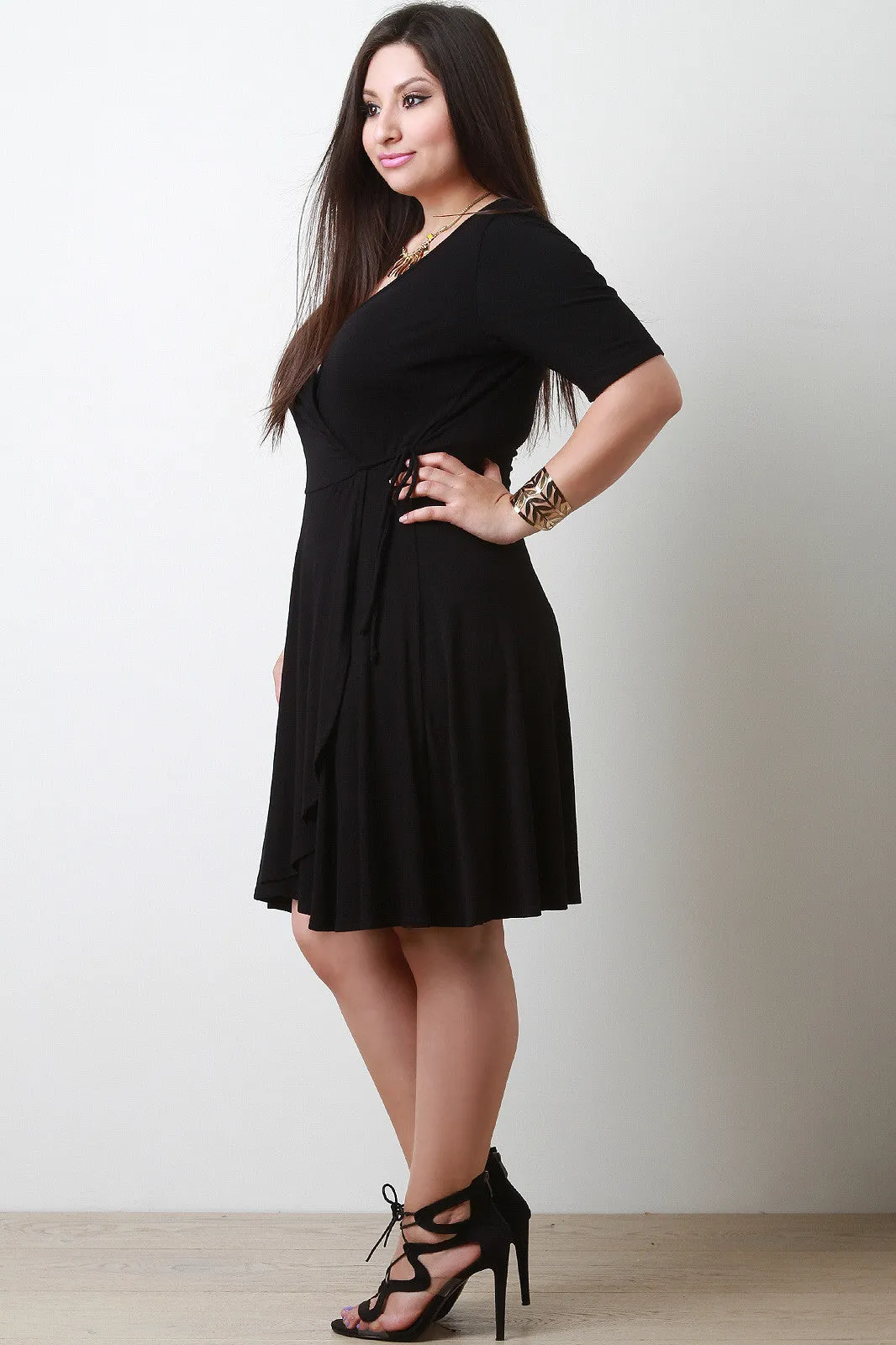 Surplice Elbow Sleeve Wrap Midi Dress